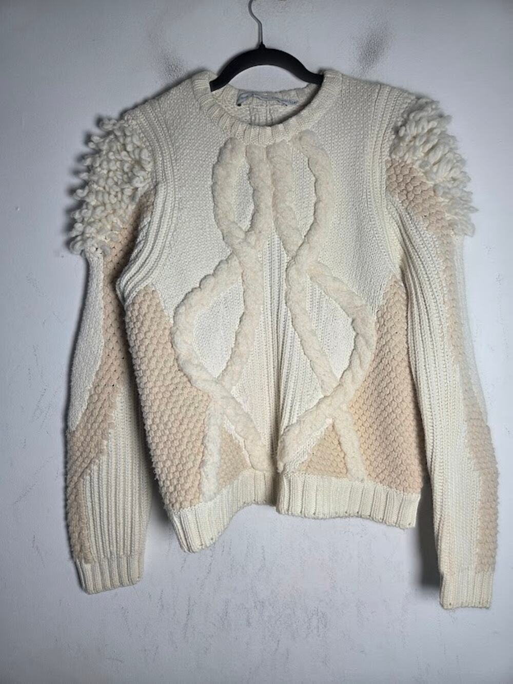& Other Stories Cream Textured Cable Knit & Fringe Cotton/Wool Sweater sz Medium